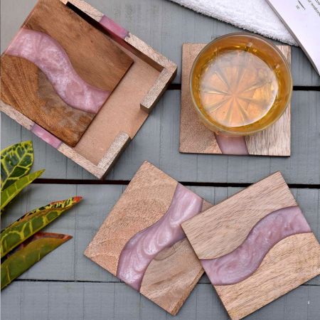 Handmade Pink Epoxy River and Acacia Wood Wood Set of 4 Decorative Table Coasters with Cover